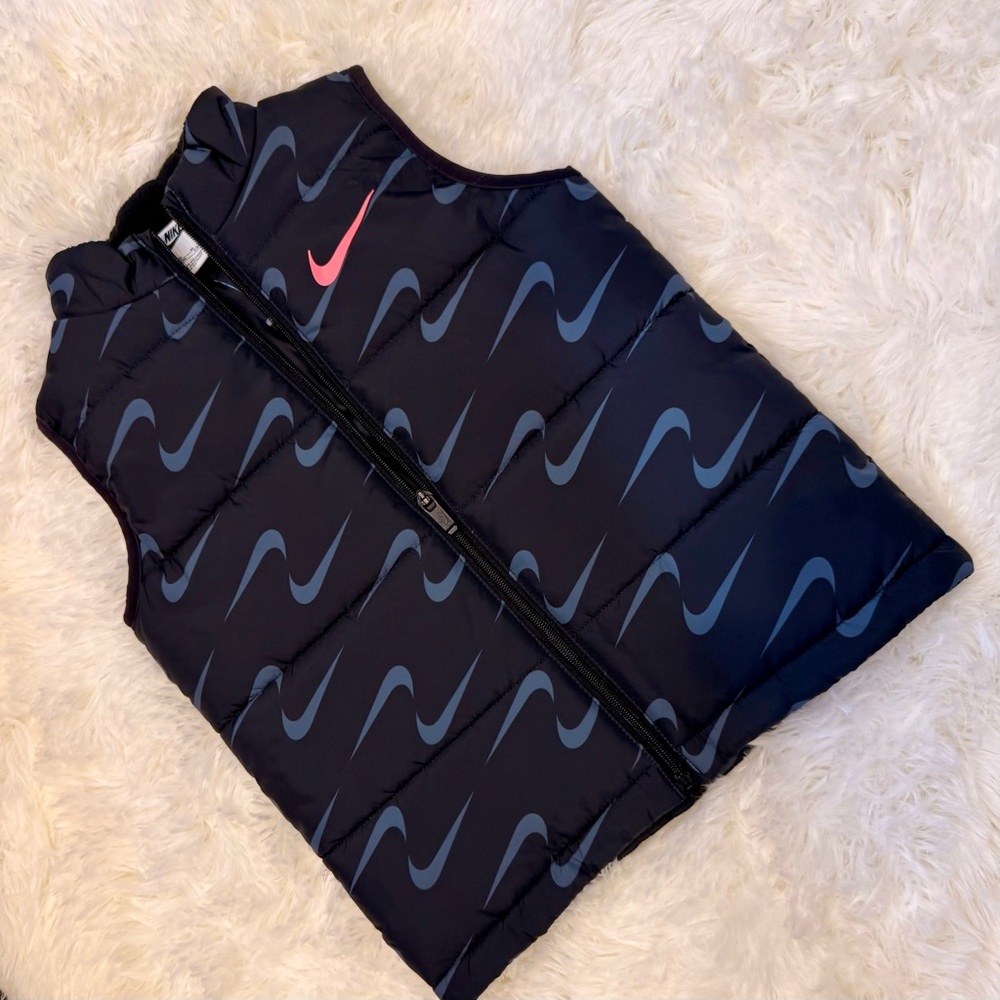 Nike Kids Black Puffer Vest with Blue Swoosh Print and Pink Logo